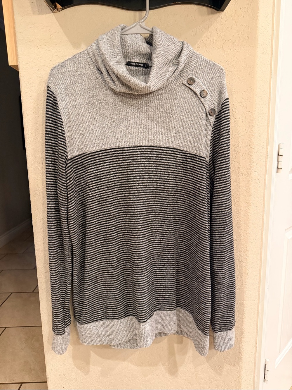 Pink Clover Gray & Black Striped Cowl Neck Sweater with Button Detail